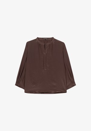 Braune Langarmbluse mit Stehkragen, gefälteltem Vorderteil und elastischen Bündchen. Glattes, glänzendes Material mit lockerer Passform.