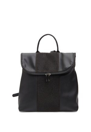 Black leather backpack with a textured front, featuring a smooth top flap and perforated stripe. Includes a top handle and zipper closure.