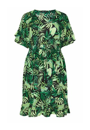Knælængde kjole med korte ærmer, grønt tropisk bladmønster, taljesnørre med kvaster og flæsekant.