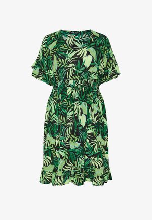 Knielanges Kleid mit kurzen Ärmeln, grünem tropischem Blattmuster, Taillen-Kordelzug mit Quasten und gerüschtem Saum.