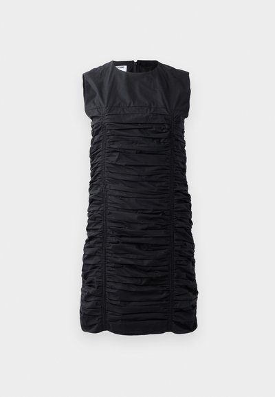 Black sleeveless dress featuring a gathered texture, with vertical ruching and a high neckline. Back zip closure. Elegant, tailored silhouette.