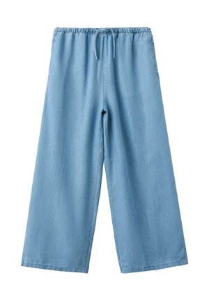 Pantalon bleu clair à jambes larges avec taille élastique et cordon, fabriqué en tissu denim doux.