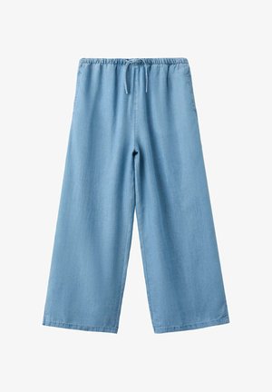 Pantalon bleu clair à jambes larges avec taille élastique et cordon, fabriqué en tissu denim doux.