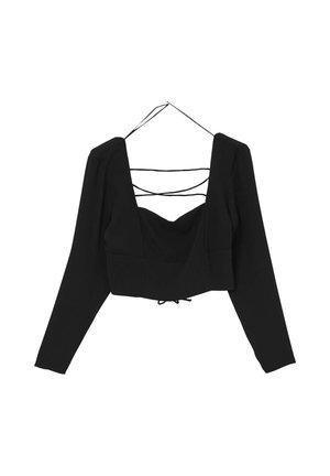 Top corto nero con maniche lunghe, scollatura a V e design con lacci sul retro. Realizzato in un tessuto morbido, presenta una vita aderente e dettagli con cordoncino.