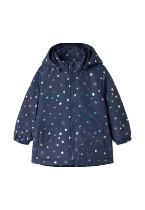 Veste à capuche pour enfants bleu marine avec fermeture éclair à l'avant, poignets élastiques, deux poches avant et motifs d’étoiles multicolores partout.