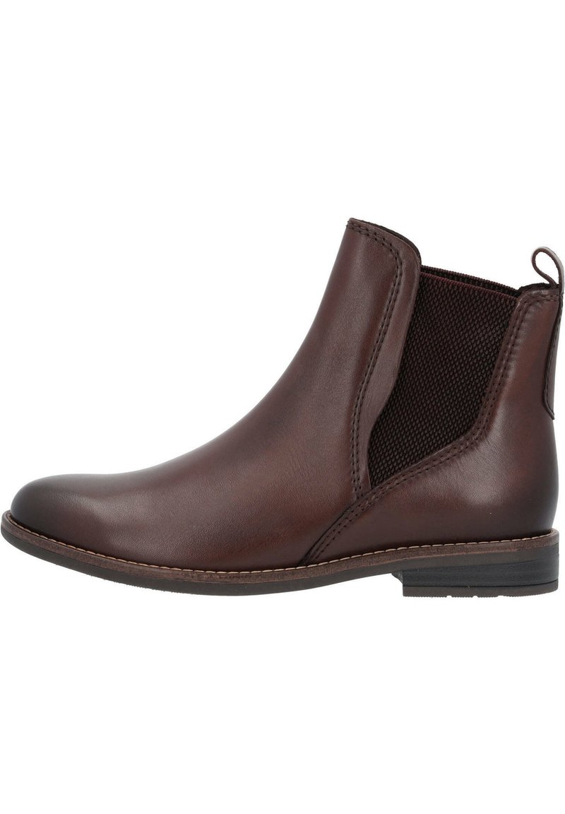 Braunes Leder-Ankle-Boot mit elastischen Seitenpanelen, rundem Zeh und strukturierten Akzenten. Verfügt über einen niedrigen Absatz und verstärkte Nähte.