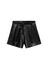 Black leather shorts featuring a high waist, pleats at the front, and side pockets. Smooth texture with a polished finish.
