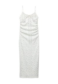 Rochie midi florală cu bretele subțiri, realizată dintr-un material ușor. Are un fundal alb cu modele florale verzi și albastre și un design plisat.