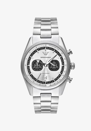 Stainless steel chronograph watch with a silver dial, two black sub-dials, tachymeter, and textured link bracelet. Date display at 6 o'clock.