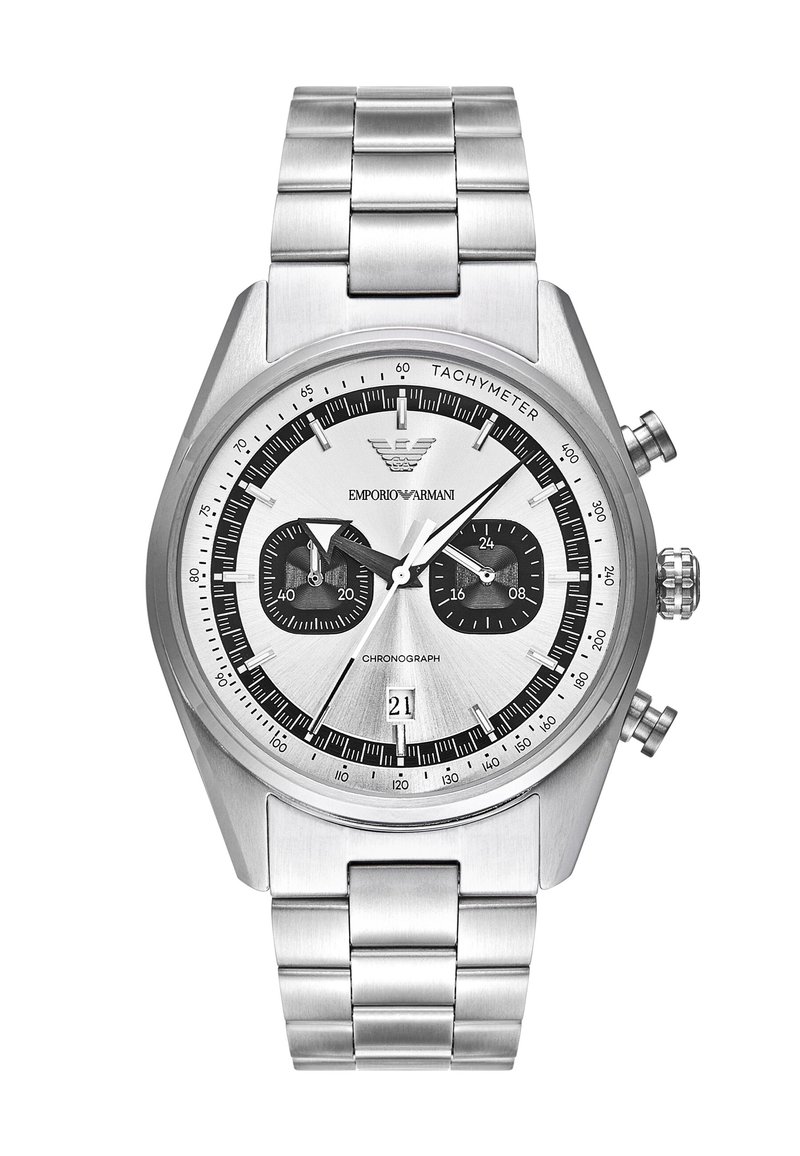 Stainless steel chronograph watch with a silver dial, two black sub-dials, tachymeter, and textured link bracelet. Date display at 6 o'clock.