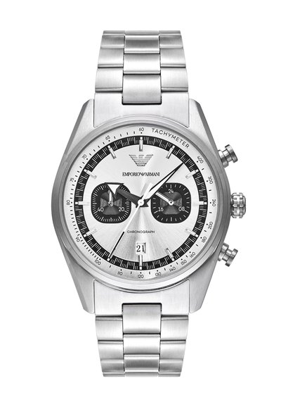 Sidabrinis Emporio Armani chronografinis laikrodis iš nerūdijančio plieno su takometru, dviem juodais subciferblatais, datos rodymu ir metaline apyranke.