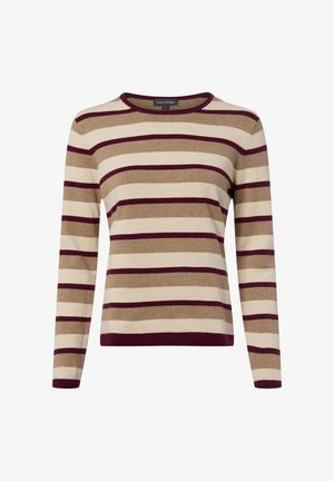 Langärmeliger Pullover mit horizontalen Streifen in Beige, Braun und Dunkelrot, Rundhalsausschnitt, schlanke Passform sowie gerippte Bündchen und Saum.