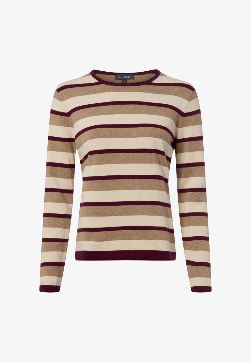 Langärmeliger Pullover mit horizontalen Streifen in Beige, Braun und Dunkelrot, Rundhalsausschnitt, schlanke Passform sowie gerippte Bündchen und Saum.