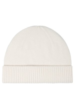 Berretto lavorato a maglia bianco con polsino a coste, caratterizzato da una texture liscia e un design a cupola arrotondata. Tessuto leggero ed elasticizzato per il massimo comfort.