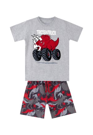 Børns grå T-shirt med rød triceratops monster truck grafik og matchende grå shorts med røde og grå dinosaurmønstre.
