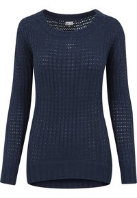 Navy blue knitted sweater with long sleeves, featuring an openwork design and a rounded neckline. Ribbed hem and cuffs. Soft texture.