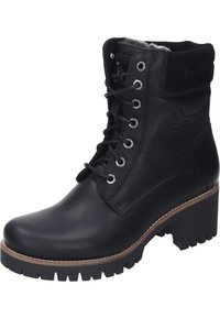 Schwarze Lederstiefelette mit Schnürdesign, silbernen Ösen und Blockabsatz. PU-Laufsohle mit strukturiertem Profil für guten Halt. Gefüttertes Innenleben.