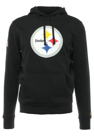 Zwarte hoodie met een voorvak, verstelbare koordjes en een cirkelvormig logo met sterren in geel, rood en blauw. Inclusief de tekst "Steelers".