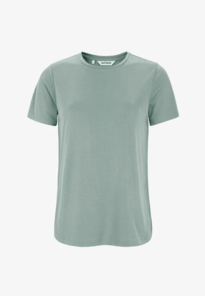 Maglietta di cotone verde chiaro con maniche corte, scollo rotondo e una texture liscia. L'etichetta riporta "Soft Rebels." Design semplice, senza decorazioni.