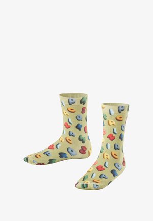 Kniestrümpfe aus Baumwollmischung in grünem Grundton, verziert mit bunten, erhabenen Buchstabenmotiven, die gleichmäßig verteilt sind.