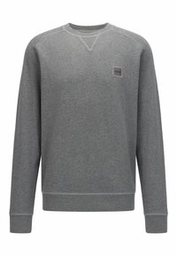 Felpa grigia realizzata in morbido cotone misto, con scollo rotondo, maniche lunghe e un piccolo logo sulla parte anteriore. Design semplice.