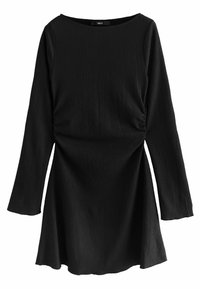Schwarzes, geripptes Langarmkleid mit rundem Ausschnitt und leichtem Raffungseffekt an der Taille.