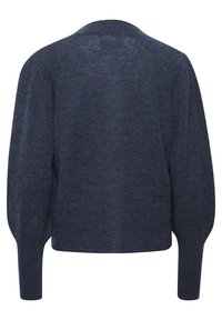 Mörk marinblå stickad tröja med bakvy, som har en avslappnad passform, ribbad mudd och en mjuk textur. Designen inkluderar en rundad krage.