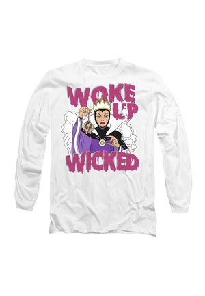 Langes weißes Hemd mit einer Cartoon-Königin, die eine Krone trägt und einen tropfenden Schädel hält, umgeben von Rauch, mit dem Text „Woke Up Wicked“ in fetten pinken Buchstaben.