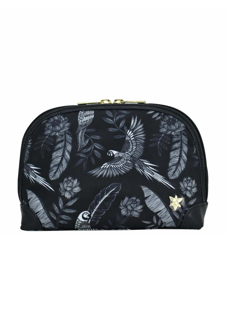 Schwarze Stofftasche mit weißen Vogel- und Blumenmustern, mit einem goldenen Reißverschluss und einem Blumenakzent an der Seite. Abgerundete Form.
