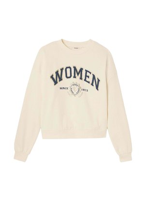 Sweatshirt couleur crème avec un col rond, des manches longues et une coupe courte. Présente le texte "FEMMES" et un graphique "DEPUIS 1975" en marine. Texture douce.