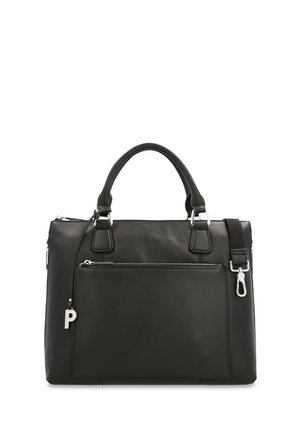 Black leather handbag with two short handles, front zip pocket, and removable shoulder strap with silver metal hardware.
