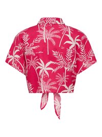 Chemisette courte rose vif avec imprimé blanc de palmiers tropicaux et un nœud noué à l'ourlet arrière.
