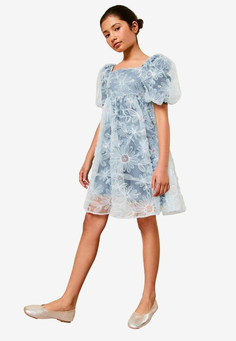 Blaumes Tüllkleid mit floralem Stickereien, Puffärmeln und quadratischem Ausschnitt. Kombiniert mit silbernen Ballettschuhen.