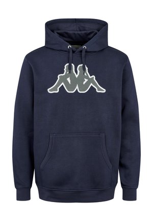 Haut à capuche bleu marine avec une poche avant, des cordons de serrage et un logo graphique en gris clair représentant deux figures assises. Matière en mélange de coton douce.