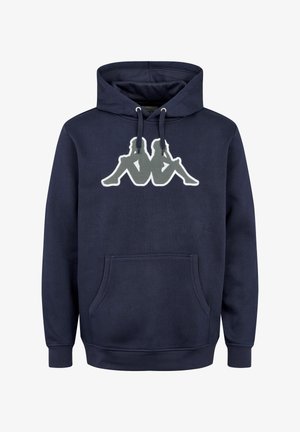 Dunkelblaue Kapuzenjacke mit einer Fronttasche, Zugbändern und einem grafischen Logo in hellgrau, das zwei sitzende Figuren zeigt. Material aus weichem Baumwollmix.