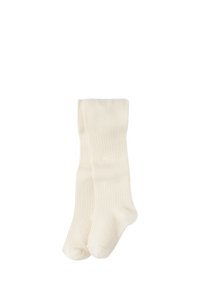 Krämfarbene, gerippte kniehohe Socken mit glatter Textur und abgerundeter Zehenpartie, die ein schlichtes, klassisches Design aufweisen.