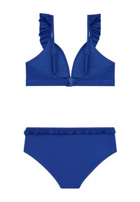 Plavi bikini set s volanima na grudnjaku koji ima podesive naramenice i donji dio s visokim strukom, oboje izrađeno od glatkog materijala.