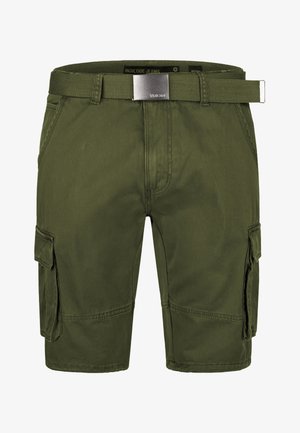Olíva zöld cargo sort, szőtt övvel, oldalsó zsebekkel és sima textúrával. Egyszerű, szabott dizájn mindennapi viseletre.