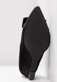 Chaussure noire en daim à bout pointu inclinée vers le haut, mettant en valeur la semelle texturée et le talon fin de hauteur moyenne.