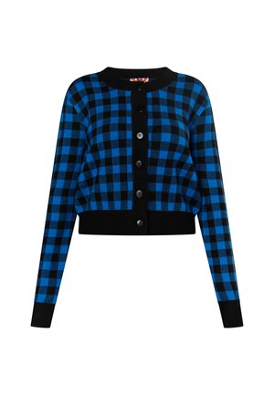 Sinine ja must ruuduline kardigan ümmarguse kaelusega, lühendatud disainiga, pikkade varrukatega ja viis musta nuppu ees. Sile tekstuur.