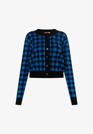 Modrá a čierna kockovaná kardigán s okrúhlym výstrihom, skráteným strihom, dlhými rukávmi a piatimi čiernymi gombíkmi vpredu. Hladká textúra.