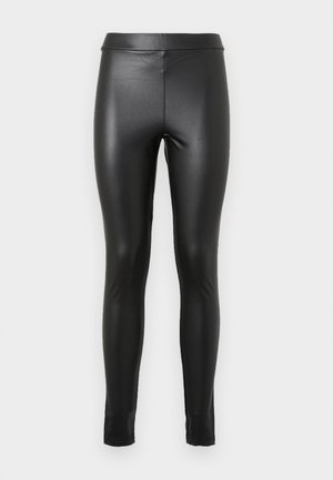 Leggings negre din piele sintetică, cu o textură netedă, talie înaltă și o croială ajustată. Prezintă cusături minime și fără embellishments suplimentare.