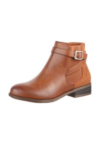 Stivale alla caviglia marrone in pelle liscia con un pannello in suede textured, dotato di una fibbia laterale e di un tacco basso impilato.