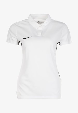 Polo Nike Dri-FIT blanc à manches courtes avec logo noir sur le côté droit de la poitrine et accents de panneau latéral noirs.