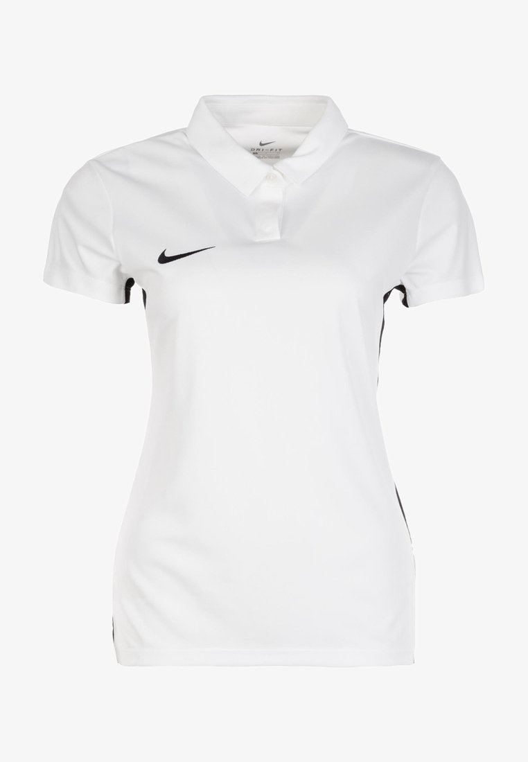 Polo Nike Dri-FIT blanc à manches courtes avec logo noir sur le côté droit de la poitrine et accents de panneau latéral noirs.