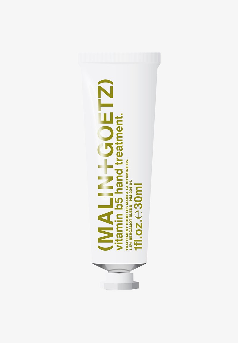 Weiße 30-ml-Tube der Malin+Goetz Vitamin B5 Handpflege mit goldfarbener vertikaler Beschriftung und weißer Drehkappe.