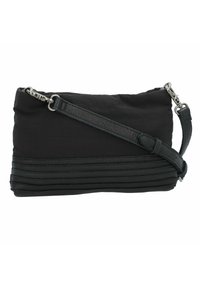 Borsa a tracolla nera realizzata in tessuto con un fondo in pelle texturizzata. Presenta una tracolla e dettagli plissettati lungo la base.