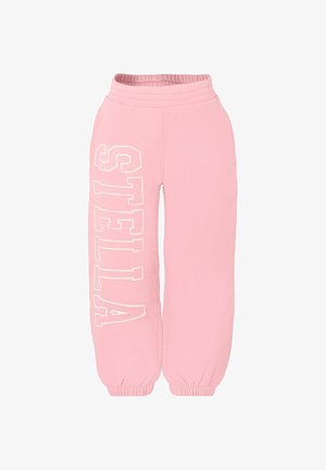 Roze joggingsbroek met een elastische tailleband en boorden. "STELLA" in het wit gedrukt op het linkerpand. Zachte, gladde stoftextuur.