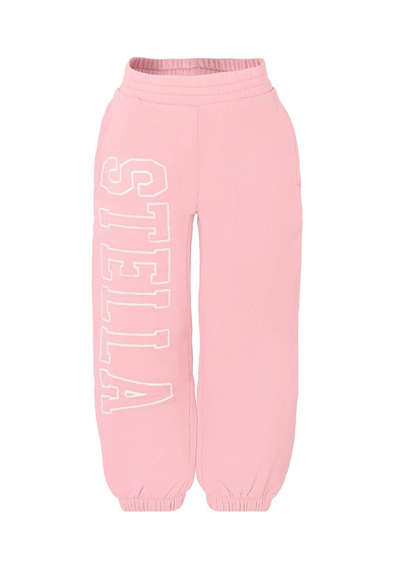 Roze joggingsbroek met een elastische tailleband en boorden. "STELLA" in het wit gedrukt op het linkerpand. Zachte, gladde stoftextuur.