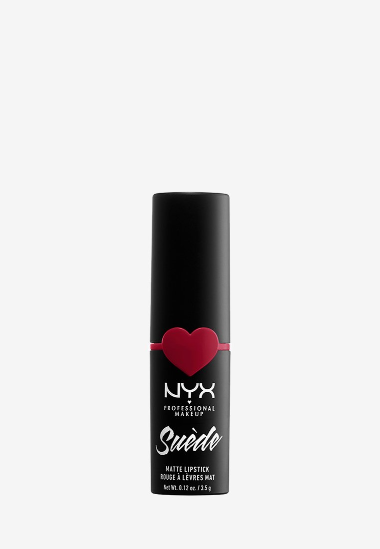 NYX Suède Matte Lippenstift in einer zylindrischen schwarzen Tube, mit einem roten Herzakzent und weißer Markenbeschriftung; 0,12 oz (3,5 g) Produktgröße.